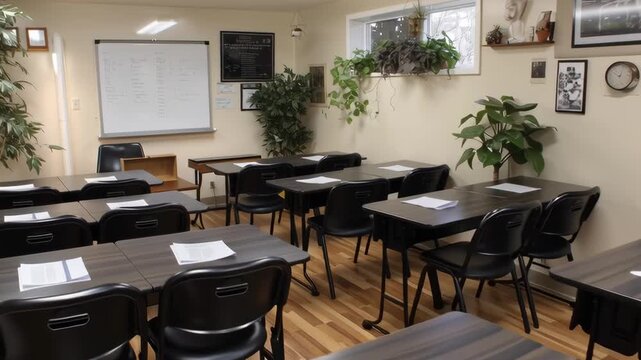 A classroom with black chairs and tables. There are potted plants in the room. The room is empty