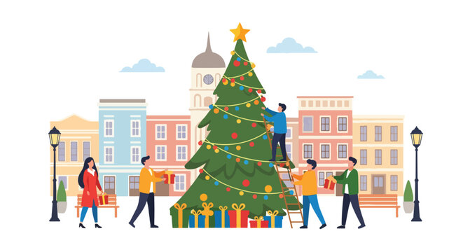 Flat vector of people decorating large outdoor Christmas tree in snowy town square, joyful community celebration - Powered by Adobe