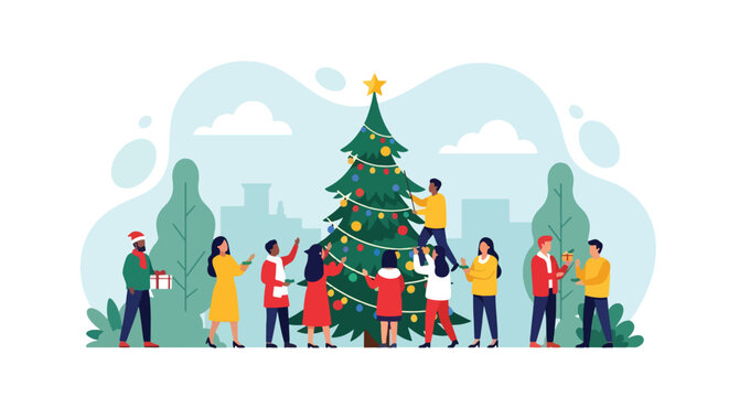 Flat vector of people decorating large outdoor Christmas tree in snowy town square, joyful community celebration