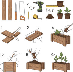 DIY Wooden Planter Box Building and Gardening Tutorial Vector Instruction Set