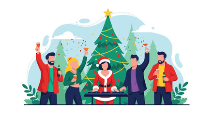 Flat vector of friends celebrating Christmas party indoors with music, DJ, drinks, confetti, and laughter, cheerful festive moment