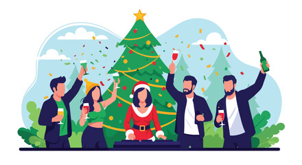 Flat vector of friends celebrating Christmas party indoors with music, DJ, drinks, confetti, and laughter, cheerful festive moment