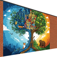 Fantasy Tree of Life Wall Mural Vector City, Nature, Day and Night Concept Art