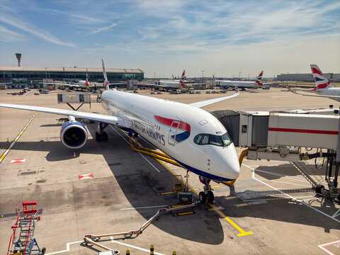 London, England, UK - 20 May 2025: Airbus A350 jet Registration G-XWBS) operated by British Airways parked at Terminal 5 at London Heathrow airport