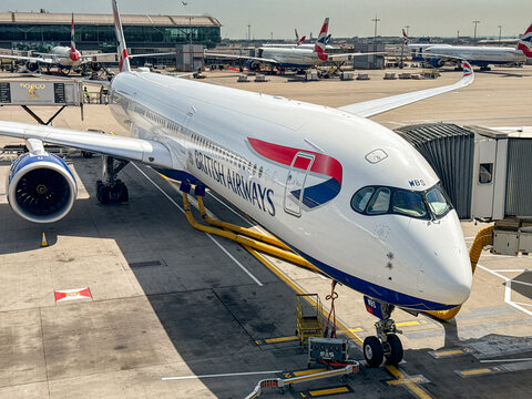 London, England, UK - 20 May 2025: Airbus A350 jet Registration G-XWBS) operated by British Airways parked at Terminal 5 at London Heathrow airport
