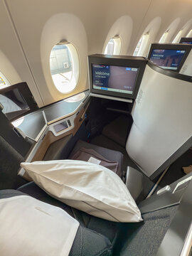 London, England, UK - 19 May 2025: Seat in the Club World business class cabin of a British Airways plane. No people.