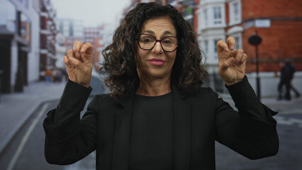 Middle age hispanic woman showing fingers in air quotes gesture on city street; skepticism sarcasm irony doubt.
