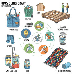 Upcycling Craft Infographic Vector: DIY Projects, Recycling Process, and Sustainable Lifestyle