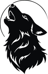 Wolf howling at moon, minimal silhouette in bold black line art 2