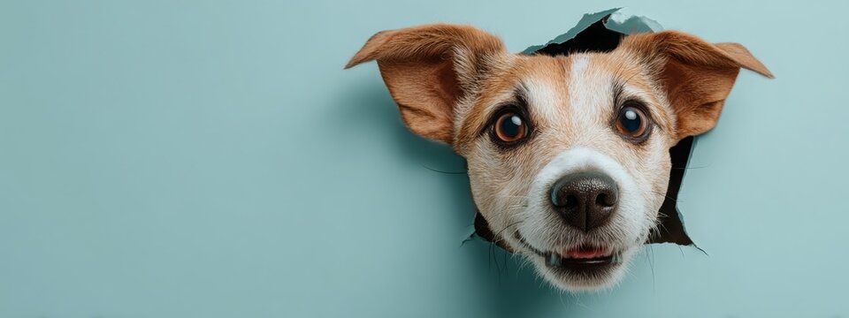 The nose of a Jack Russell Terrier dog sticks out of torn paper on a purple background.