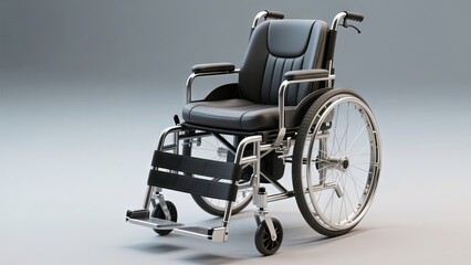 Fototapeta premium A sleek wheelchair features a padded black seat and backrest, sturdy metallic frame, and smooth wheels, designed for easy mobility and comfort in various settings