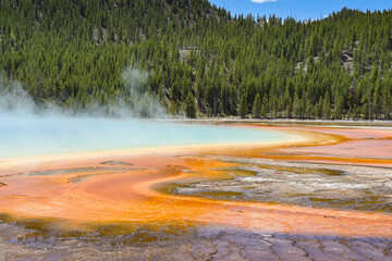 Scenic view of water running from the Grand Prismatic Spring in Yellowstone National Park,.