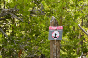 Sign prohibiting visitors from walking off a trail in a woodland park. No people.