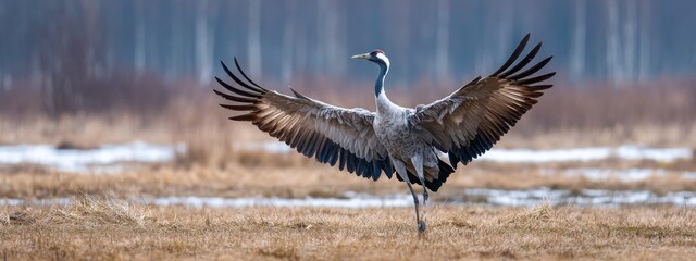 Wild common crane, grus grus, walking on hay field in spring nature. Large feathered bird landing on meadow from side view. Animal wildlife in wilderness