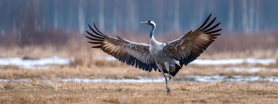 Wild common crane, grus grus, walking on hay field in spring nature. Large feathered bird landing on meadow from side view. Animal wildlife in wilderness
