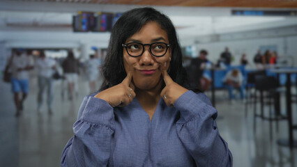 African american woman wearing glasses presses index fingers to cheeks and smiles in airport terminal; playful joy.