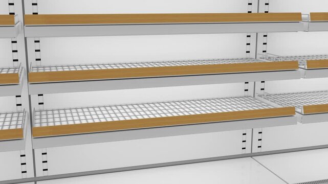 Sliding movement along refrigerator mesh empty shelves with wood shelf talkers. 3d animation