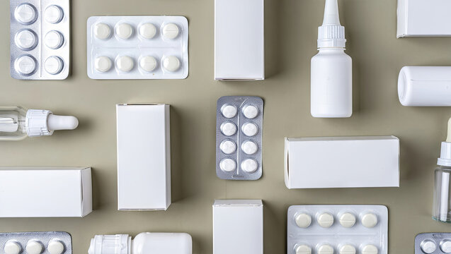 Different forms of pharmaceutical packaging, such as pill bottles, dropper bottles, and blister packs, are organized on a neutral background, reflecting a clean healthcare environment