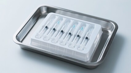 Six syringes are arranged neatly in a clear tray, ready for use in a medical procedure. The setting is clean, highlighting a sterile environment focused on safety