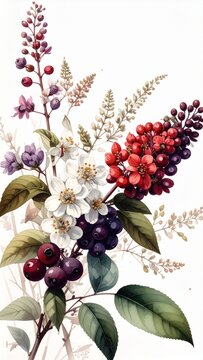 Vibrant Watercolor Botanical Arrangement: Blossoms, Berries, and Foliage on White Background