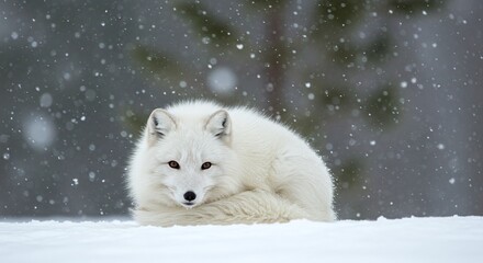 Obraz premium Solitary Serenity: Cute White Fox Looking Forward While Huddled on a Snowy Ground