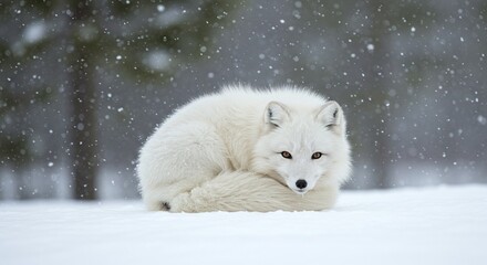 Obraz premium Intense Portrait of a Fluffy Arctic Fox Curled Up in the Snow During a Blizzard