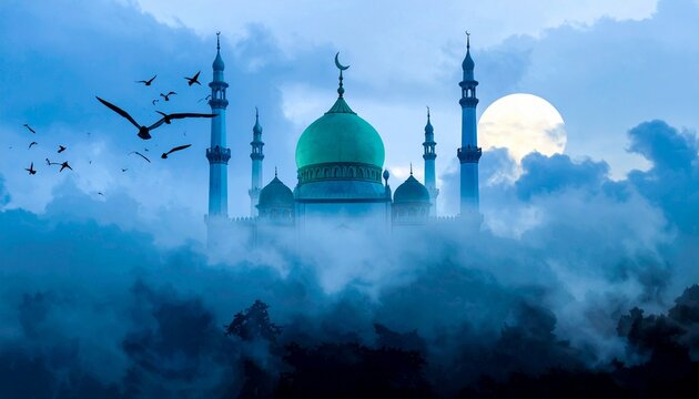 Mystical Mosque Silhouette in Blue Fog with Birds Flying Against a Bright Full Moon Sky