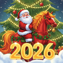 Fototapeta premium Santa claus rides a festive red horse with 2026 new year text and decorated christmas tree