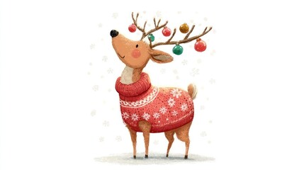 Charming watercolor illustration of a happy reindeer wearing a festive red knitted sweater adorned with christmas ornaments