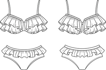 Stylish women bikini design with ruffle details, cute two-piece swimsuit set, summer beachwear fashion flat sketch, lingerie vector illustration