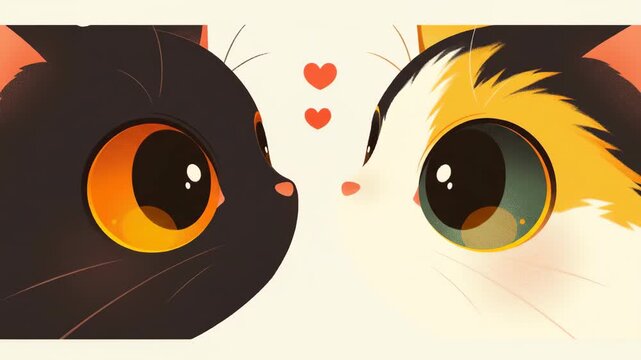 Two cute kawaii cats moving animation, flat vector style