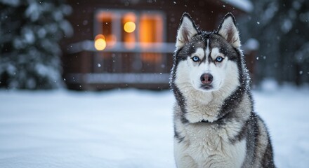 Naklejka premium Animal and Environment: Wolf-Like Dog Against a Blurry Background with Warm Window Light