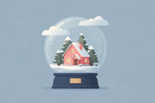 Charming snow globe featuring a cozy red house surrounded by snow covered trees and winter clouds