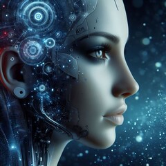 Side close up poitret of an ai woman model with futuristic background 