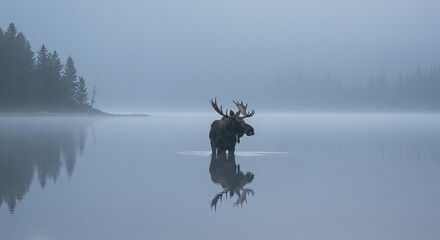 North American Wildlife: Moose Drinking or Wading in a Misty Forest Lake