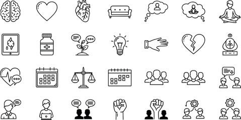 Mental health icons set with therapy, wellness, communication, emotions, mindfulness, support, balance, and social connection in black and white.