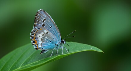 Detailed Wildlife Photo: Side View of a Butterfly with Patterned Wings on a Green Leaf