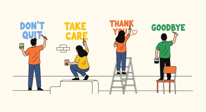 Four People Painting Positive Messages on a Wall Teamwork and Encouragement