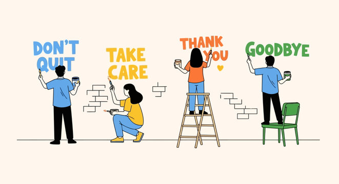 A collection of flat vector illustrations featuring diverse people painting messages of support, care, gratitude, and farewell on a brick wall