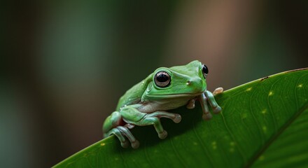 Obraz premium Vibrant Green Amphibian with Large Eyes Resting on a Leaf Edge with Copy Space