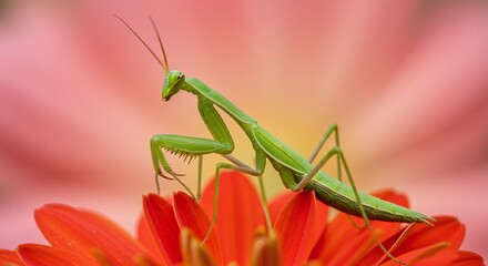 Insect Detail: Mantis with Raised Forelegs Posing on a Petal Against a Pink Background