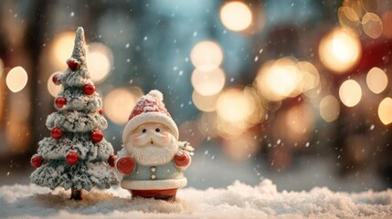 Charming miniature santa claus figurine and decorated christmas tree stand together in soft falling snow with bokeh lights