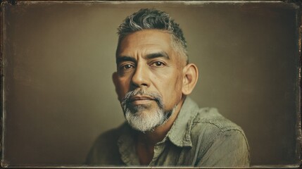 man gazing at the camera in a vintage casual shirt, a middle-aged hispanic portrait with a thoughtful expression, suitable for lifestyle, fashion, or branding campaigns