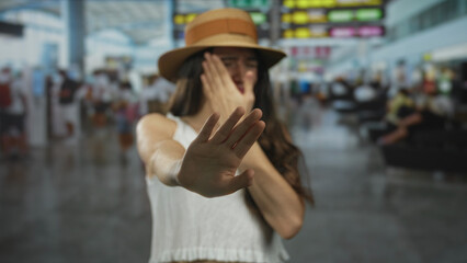 Fototapeta premium Young hispanic woman wearing straw hat holds hand to cheek with pained expression in busy airport terminal; pain.