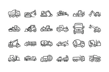 Heavy Duty and Industrial Construction Vehicle Icon Set | Outline Line Art Transportation Equipment Vector Collection