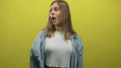 Woman with mouth open and raised brow wearing white tank top and denim shirt in studio setting;...