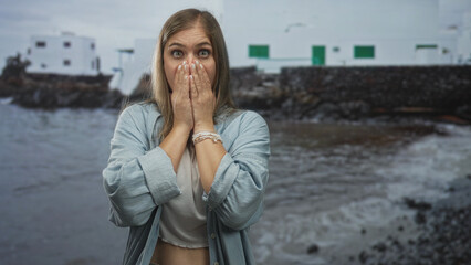 Fototapeta premium Woman showing bare midriff and bracelets with raised hands by building overlooking rocky shore; wonder.