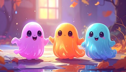 Adorable cartoon trio of colorful, smiling, and cheerful ghosts