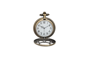Antique brass pocket watch showcasing precision time on transparent background