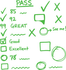 Green hand drawn marks and symbols showing grades and feedback on a white background for education and assessment concepts